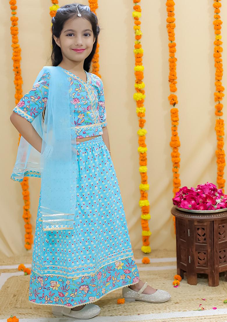 Blue Paisley Print Cotton Lehenga Set For Girl