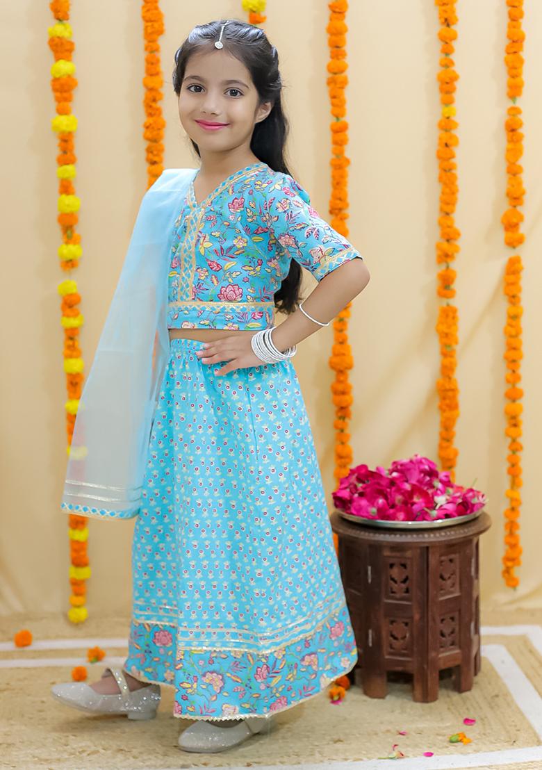 Blue Paisley Print Cotton Lehenga Set For Girl