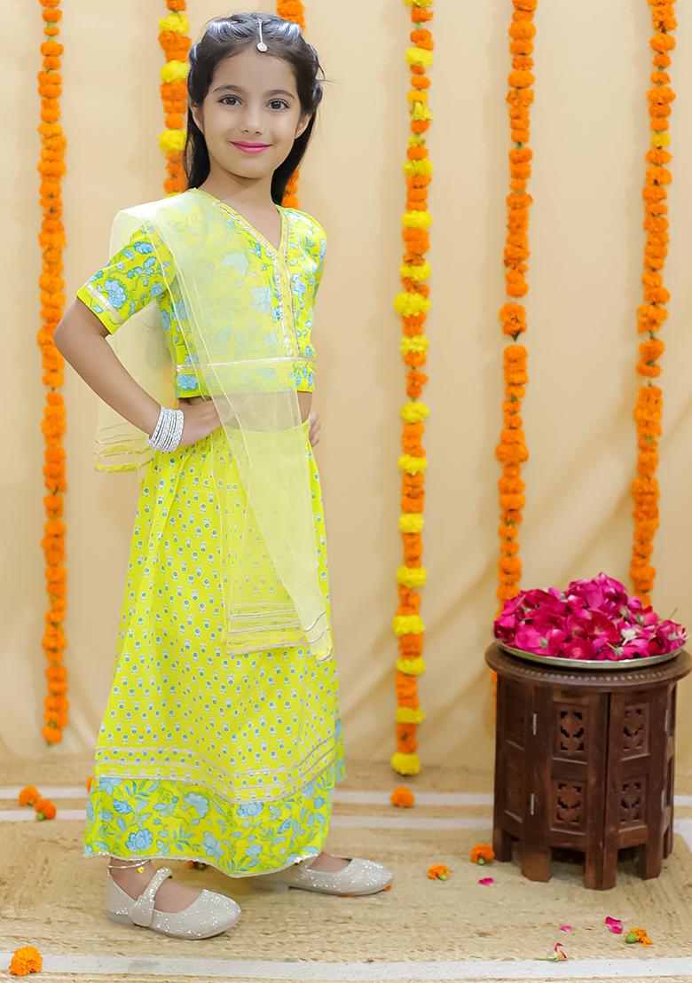 Yellow Floral Print Cotton Lehenga Set For Girl