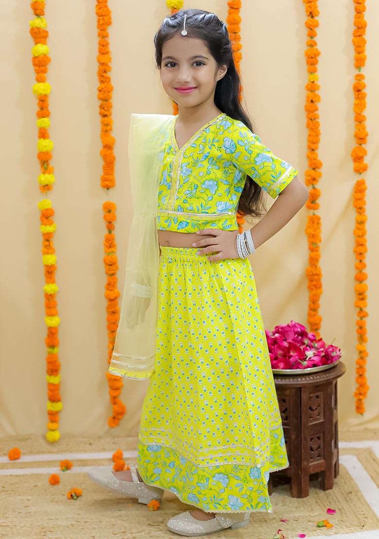 Yellow Floral Print Cotton Lehenga Set For Girl