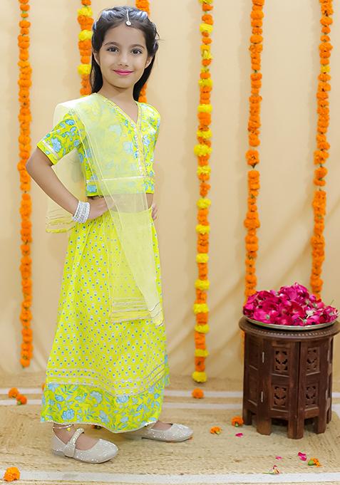 Yellow Floral Print Cotton Lehenga Set For Girl