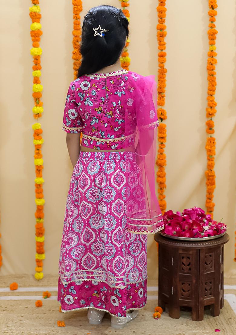 Pink Floral Print Cotton Lehenga Set For Girl