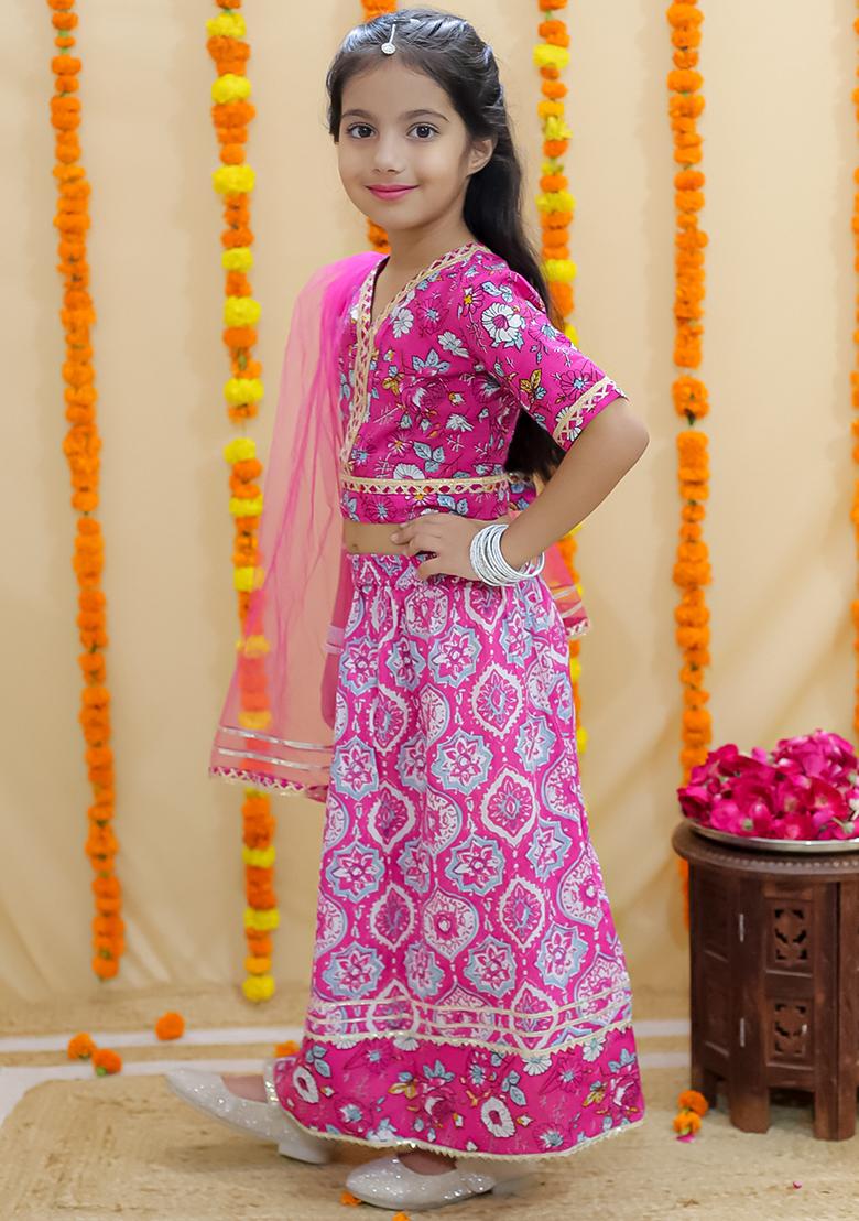 Pink Floral Print Cotton Lehenga Set For Girl