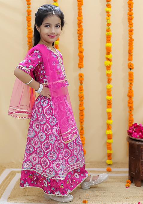 Pink Floral Print Cotton Lehenga Set For Girl