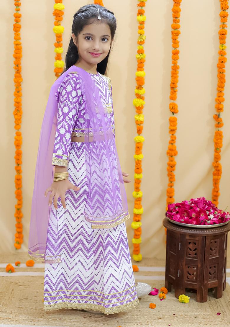 Purple Floral Print Cotton Lehenga Set For Girl