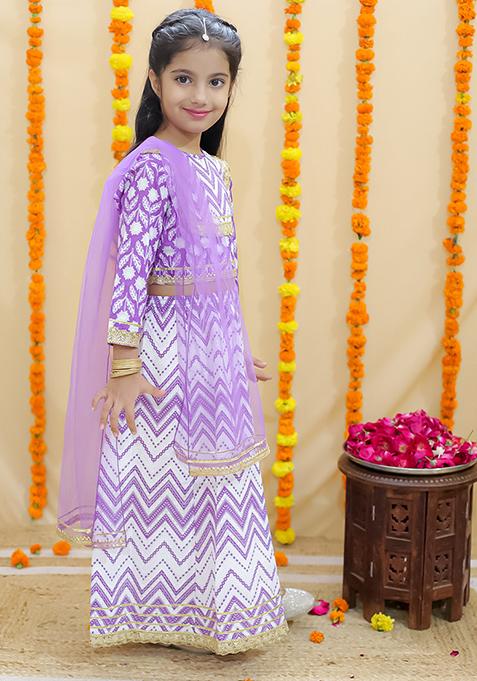 Purple Floral Print Cotton Lehenga Set For Girl