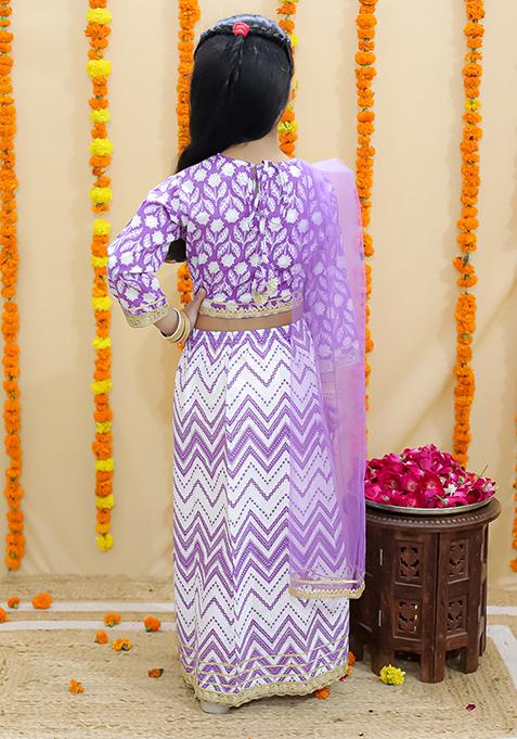 Purple Floral Print Cotton Lehenga Set For Girl