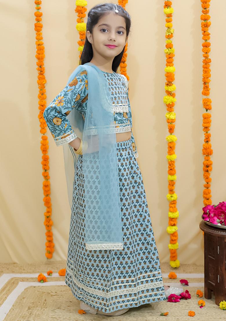 Green Printed Cotton Lehenga Set For Girl