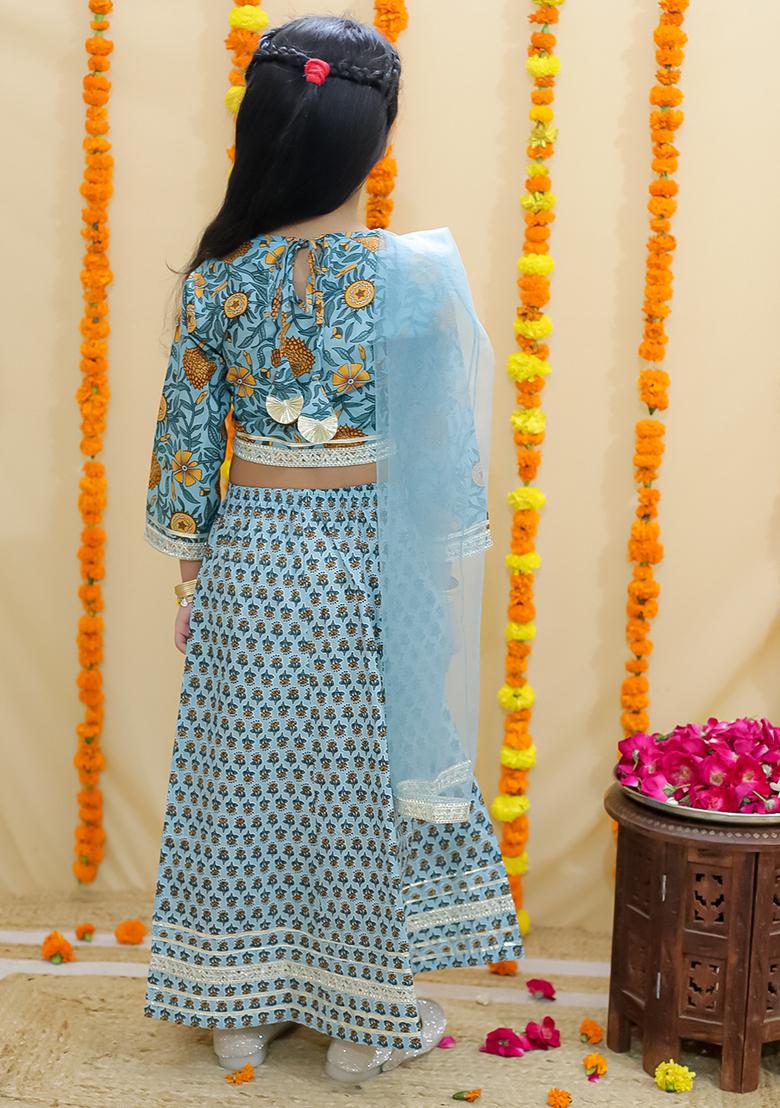 Green Printed Cotton Lehenga Set For Girl