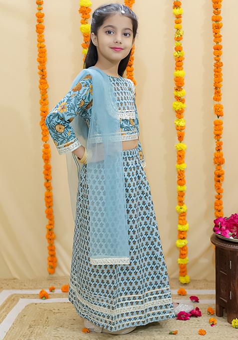 Green Printed Cotton Lehenga Set For Girl