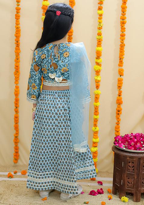 Green Printed Cotton Lehenga Set For Girl