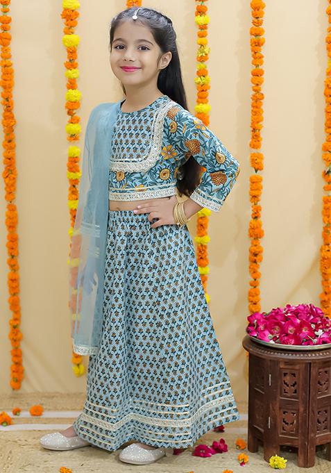Green Printed Cotton Lehenga Set For Girl