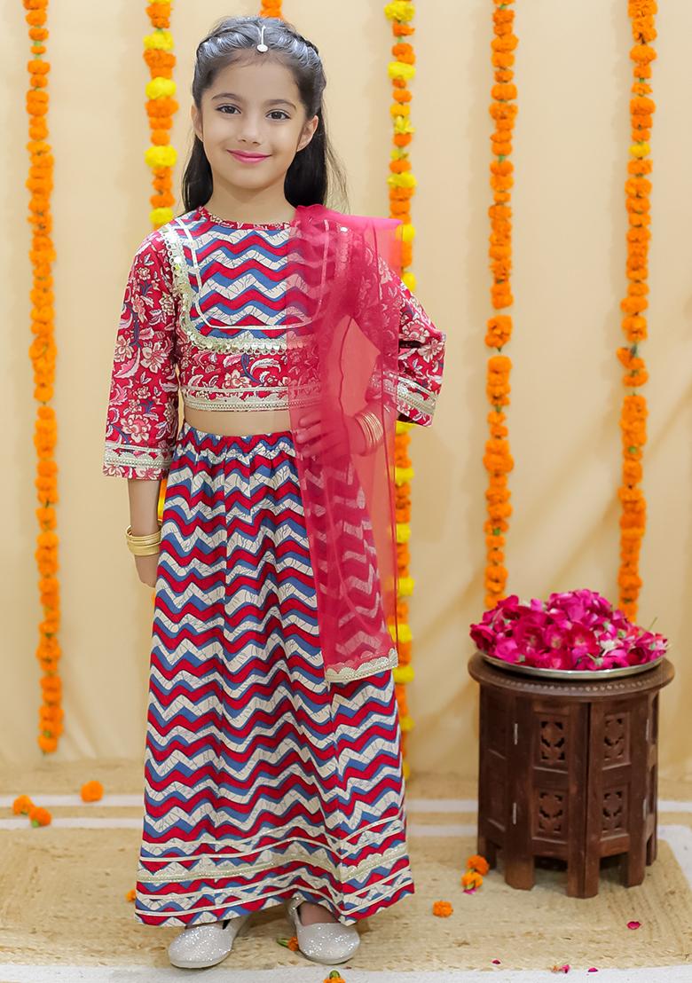 Red Floral Print Cotton Lehenga Set For Girl