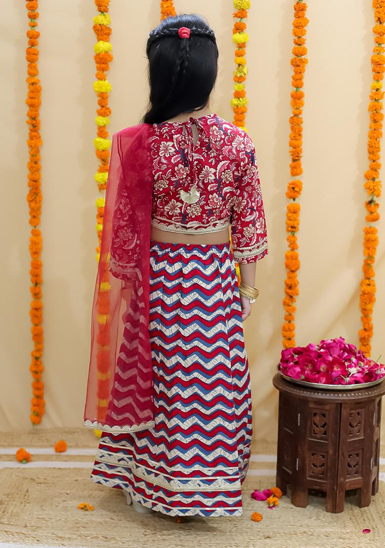 Red Floral Print Cotton Lehenga Set For Girl