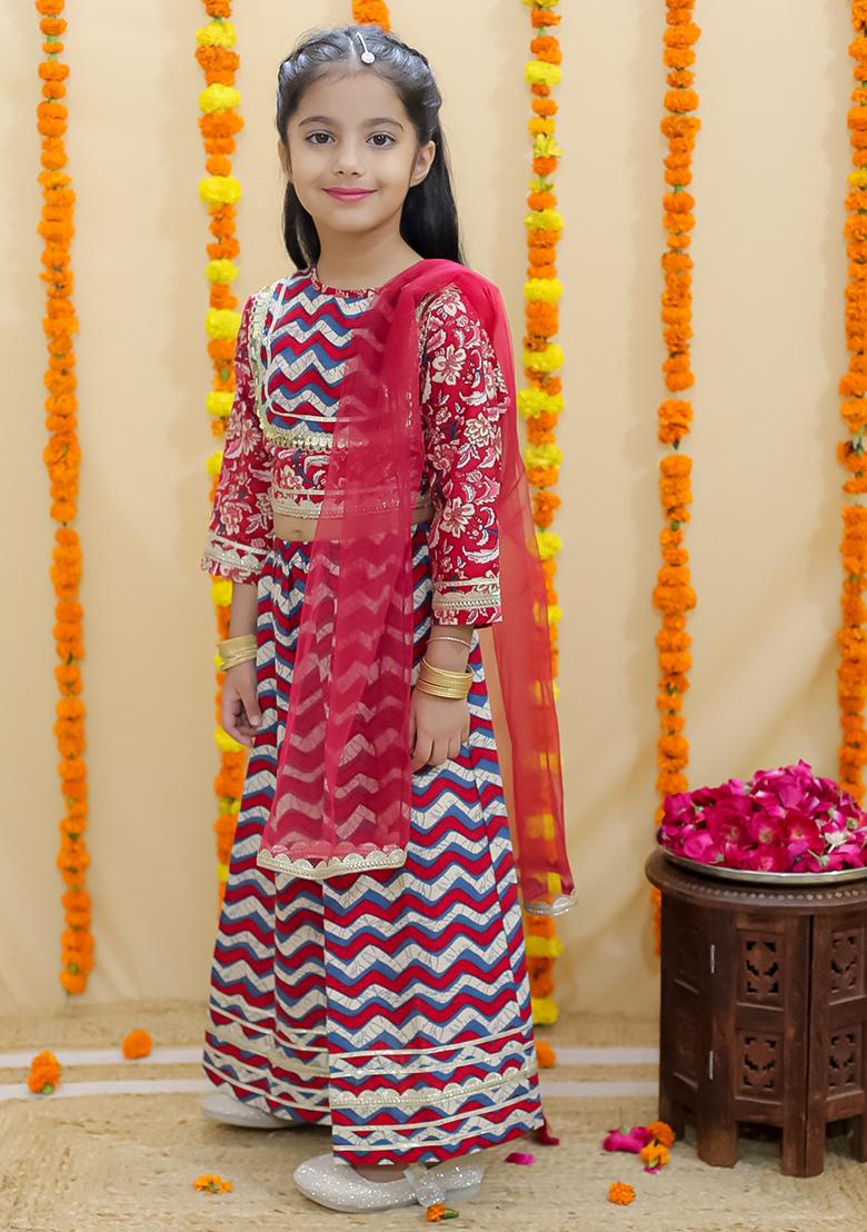 Red Floral Print Cotton Lehenga Set For Girl