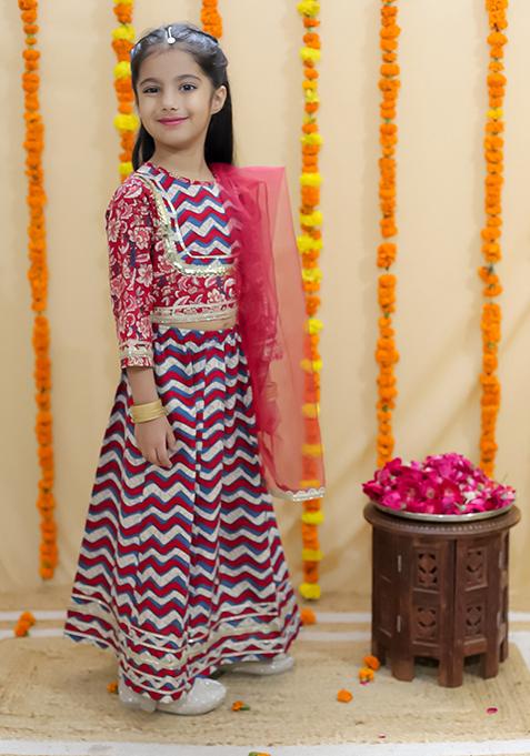 Red Floral Print Cotton Lehenga Set For Girl