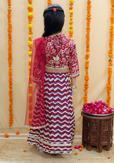 Red Floral Print Cotton Lehenga Set For Girl