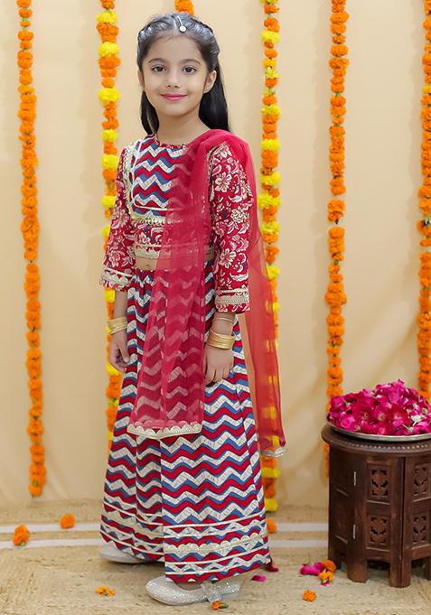 Red Floral Print Cotton Lehenga Set For Girl