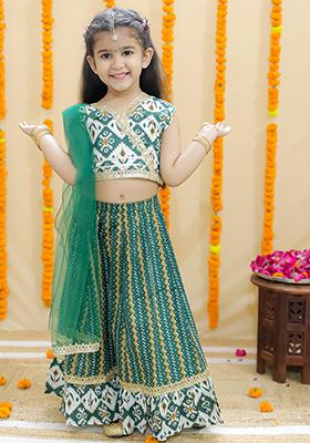 Green Printed Cotton Lehenga Set For Girl