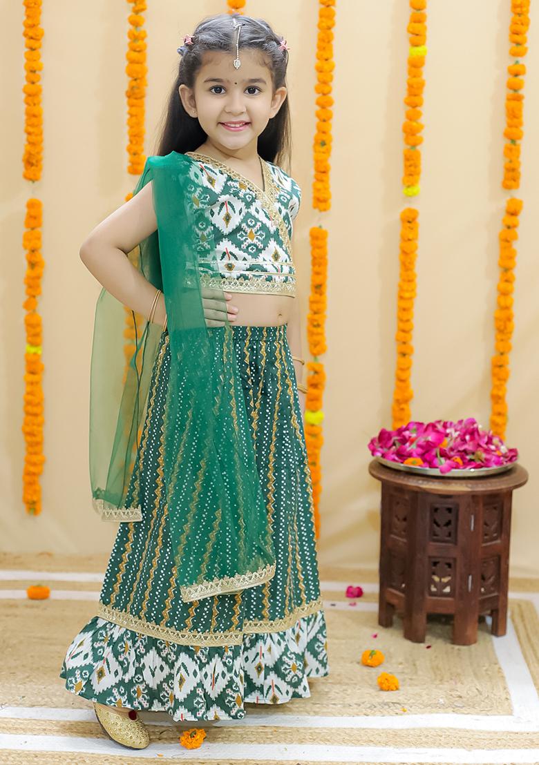 Green Printed Cotton Lehenga Set For Girl