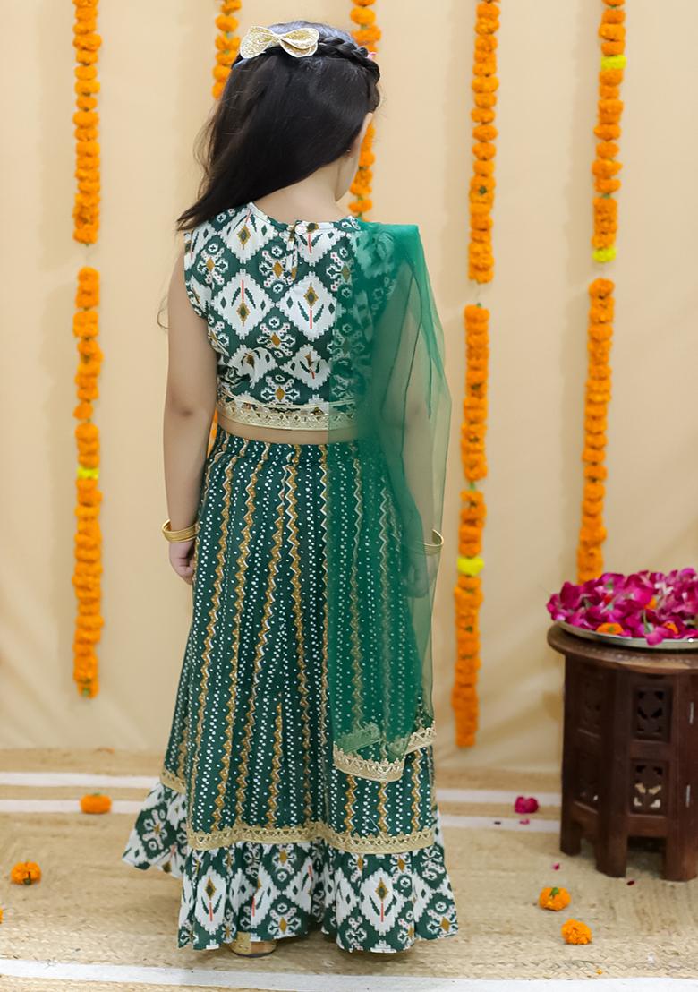 Green Printed Cotton Lehenga Set For Girl