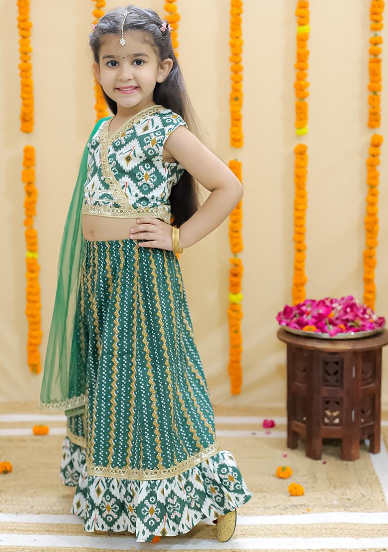 Green Printed Cotton Lehenga Set For Girl