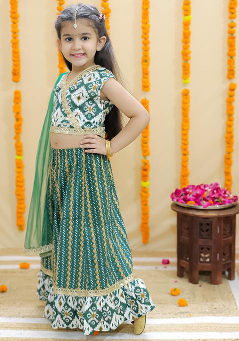 Green Printed Cotton Lehenga Set For Girl