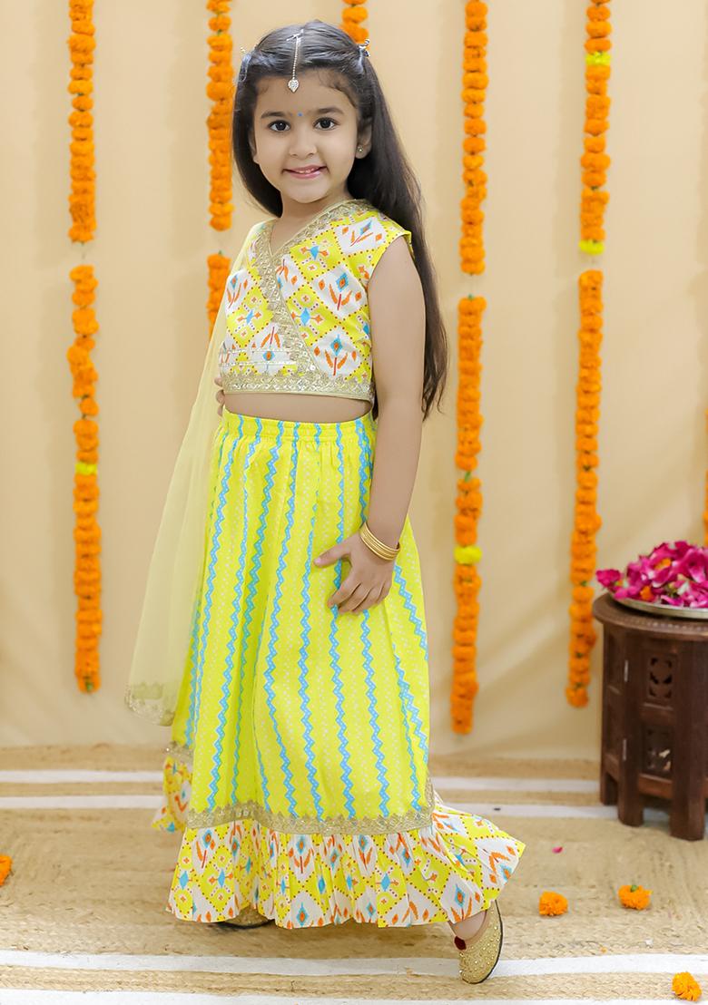 Yellow Printed Cotton Lehenga Set For Girl