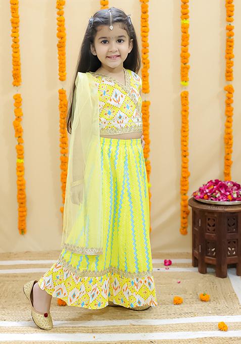 Yellow Printed Cotton Lehenga Set For Girl