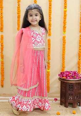 Red Printed Cotton Lehenga Set For Girl