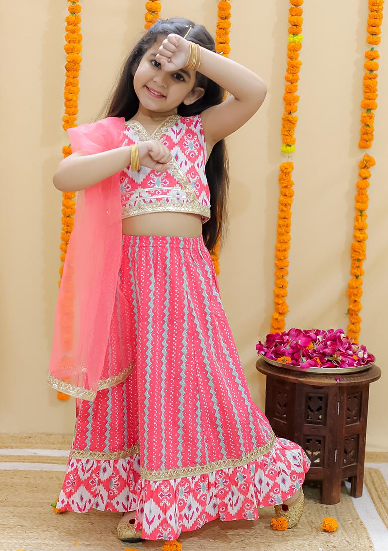 Red Printed Cotton Lehenga Set For Girl