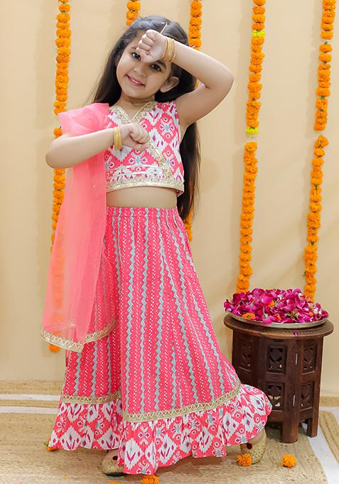 Red Printed Cotton Lehenga Set For Girl