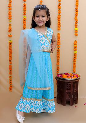 Blue Printed Cotton Lehenga Set For Girl