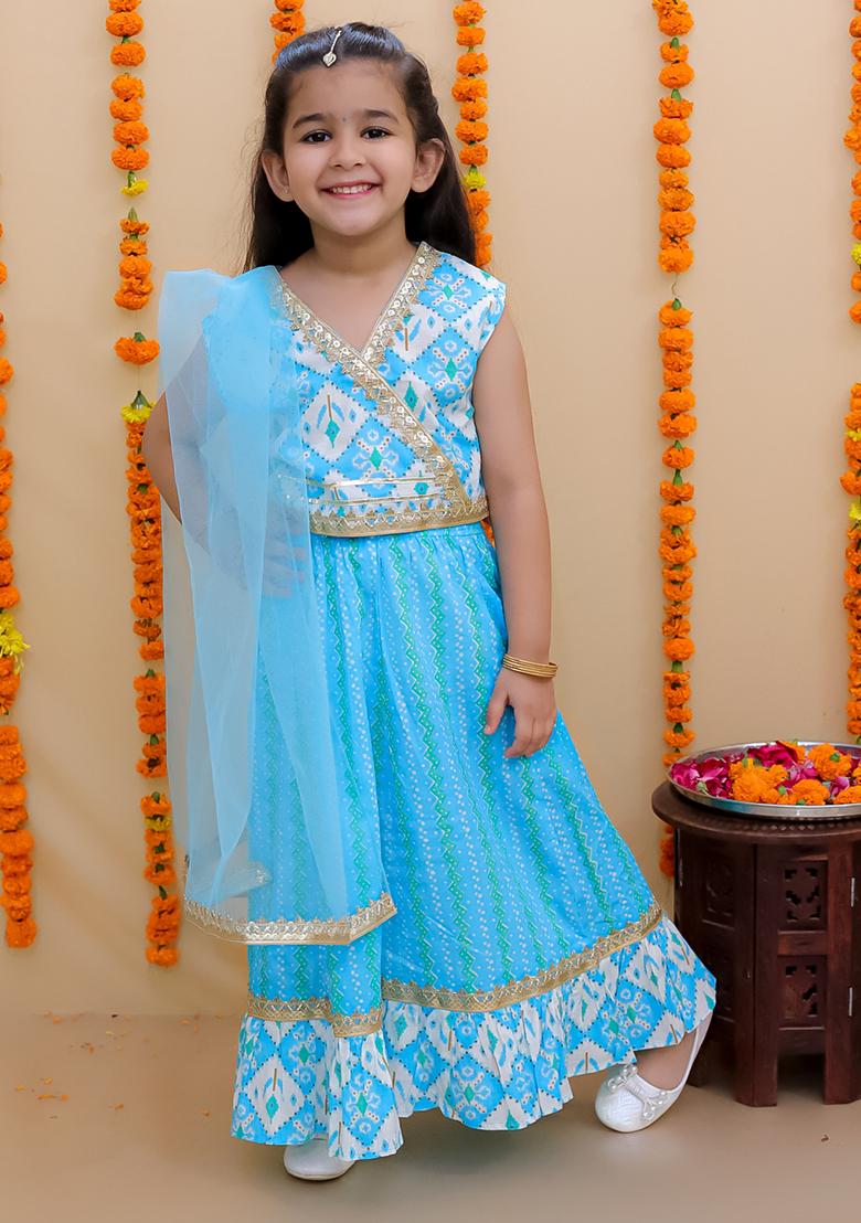 Blue Printed Cotton Lehenga Set For Girl