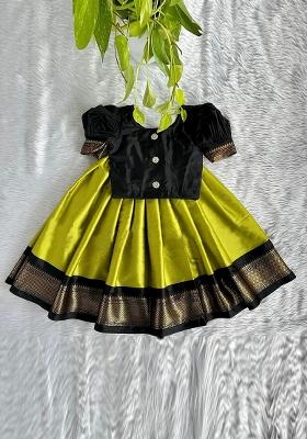 Black And Green Solid Art Silk Lehenga Set With Dupatta For Girls