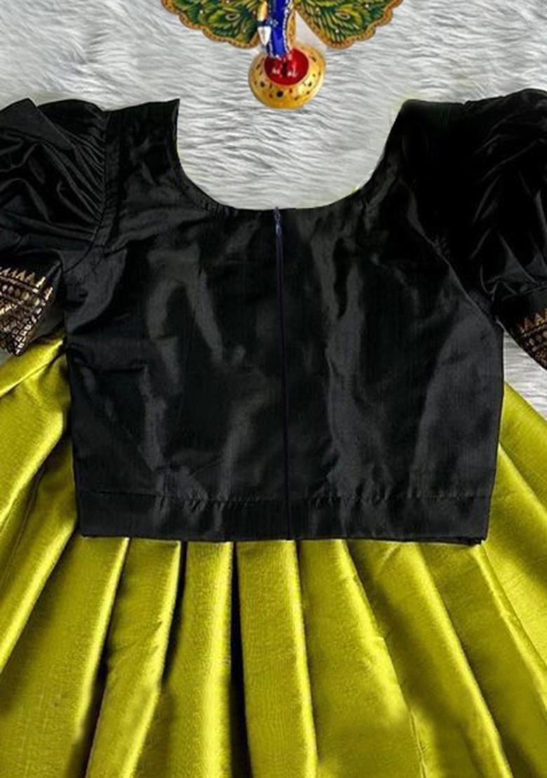 Black And Green Solid Art Silk Lehenga Set With Dupatta For Girls