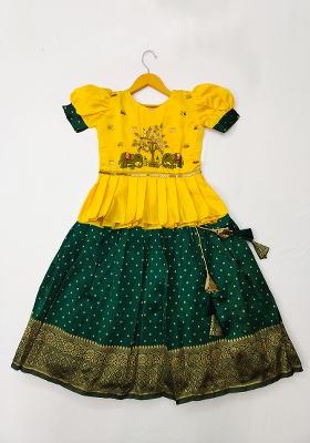 Yellow And Green Embroidered Art Silk Lehenga Set For Girls