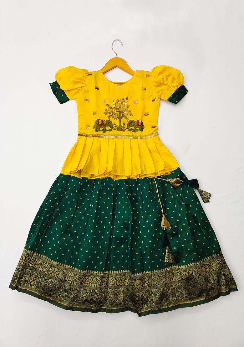 Yellow And Green Embroidered Art Silk Lehenga Set For Girls