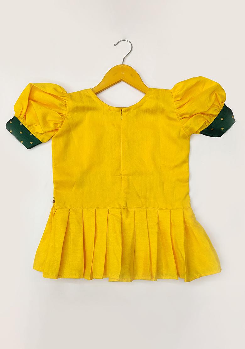 Yellow And Green Embroidered Art Silk Lehenga Set For Girls