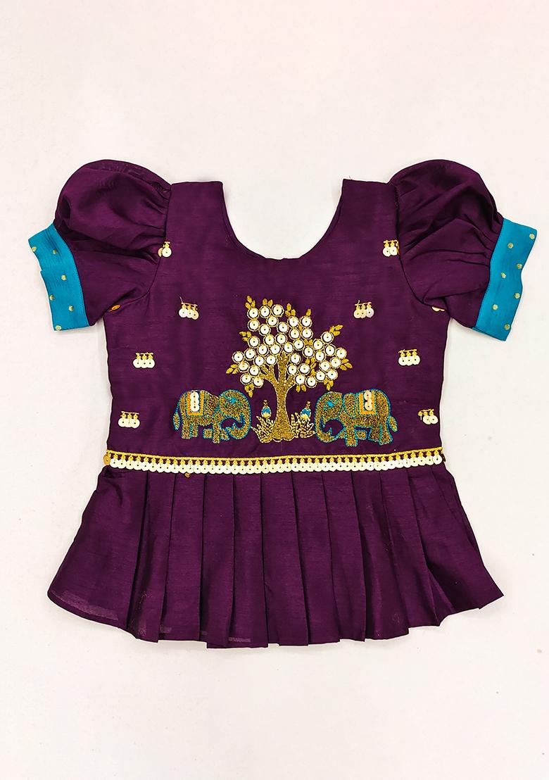 Sky Blue Embroidered Art Silk Lehenga Set For Girls