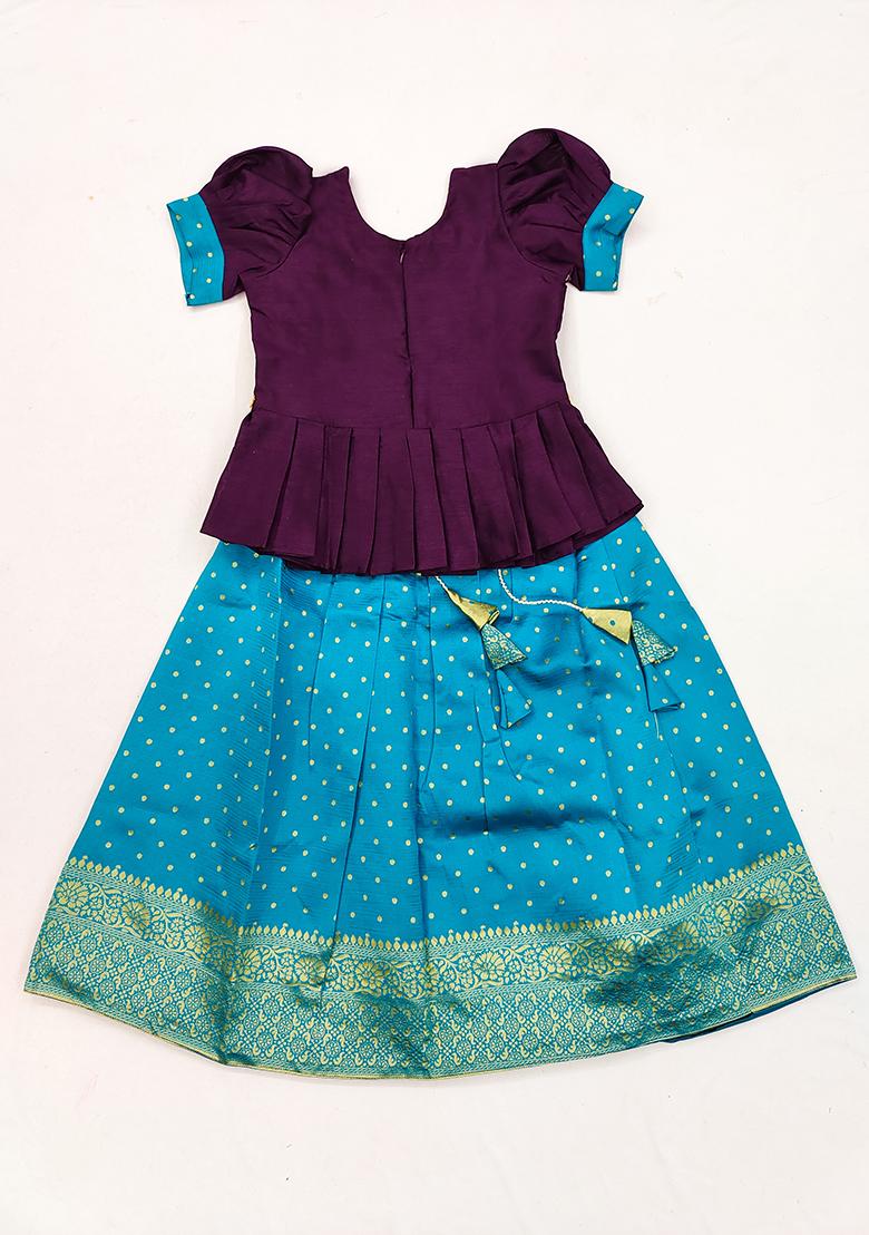 Sky Blue Embroidered Art Silk Lehenga Set For Girls