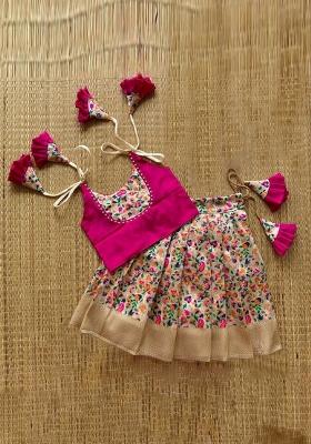Pink Printed Art Silk Lehenga Set For Girls
