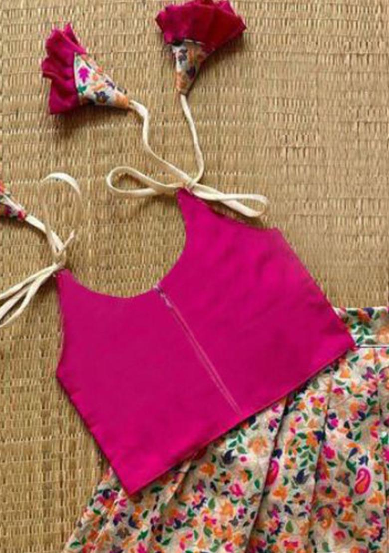 Pink Printed Art Silk Lehenga Set For Girls