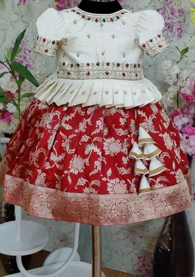 Red And Cream Embroidered Art Silk Lehenga Set For Girls - Indya