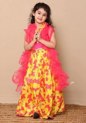 Yellow Solid Crepe Lehenga Set For Girls