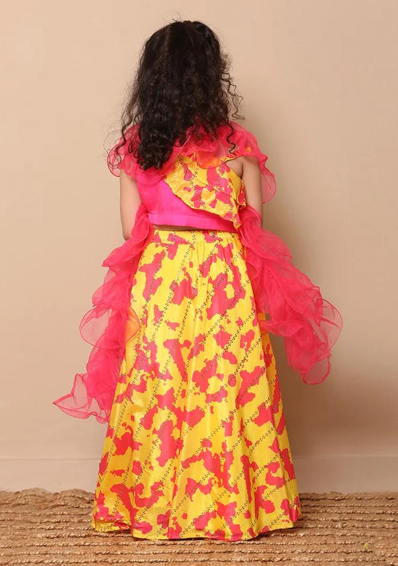 Yellow Solid Crepe Lehenga Set For Girls