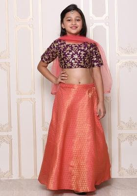 Purple Zari Work Raw Silk Lehenga Set With Dupatta For Girls