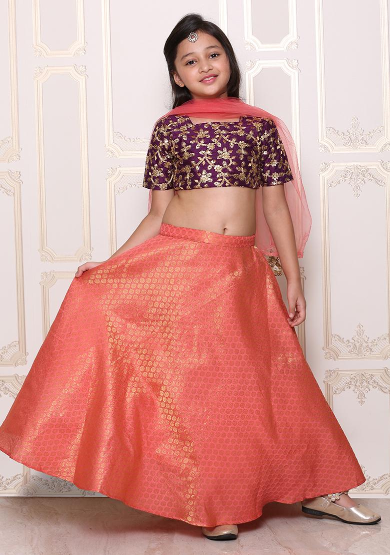 Purple Zari Work Raw Silk Lehenga Set With Dupatta For Girls