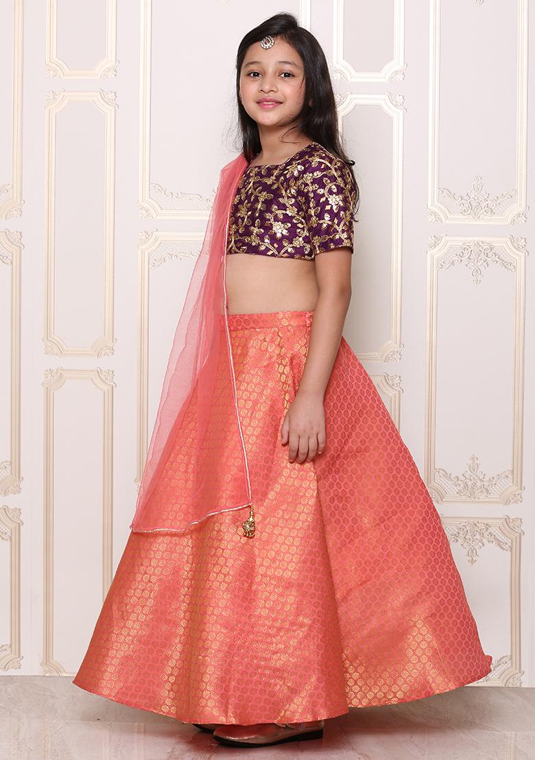 Purple Zari Work Raw Silk Lehenga Set With Dupatta For Girls