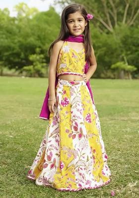 Multicolor Printed Cotton Lehenga Set With Dupatta For Girls